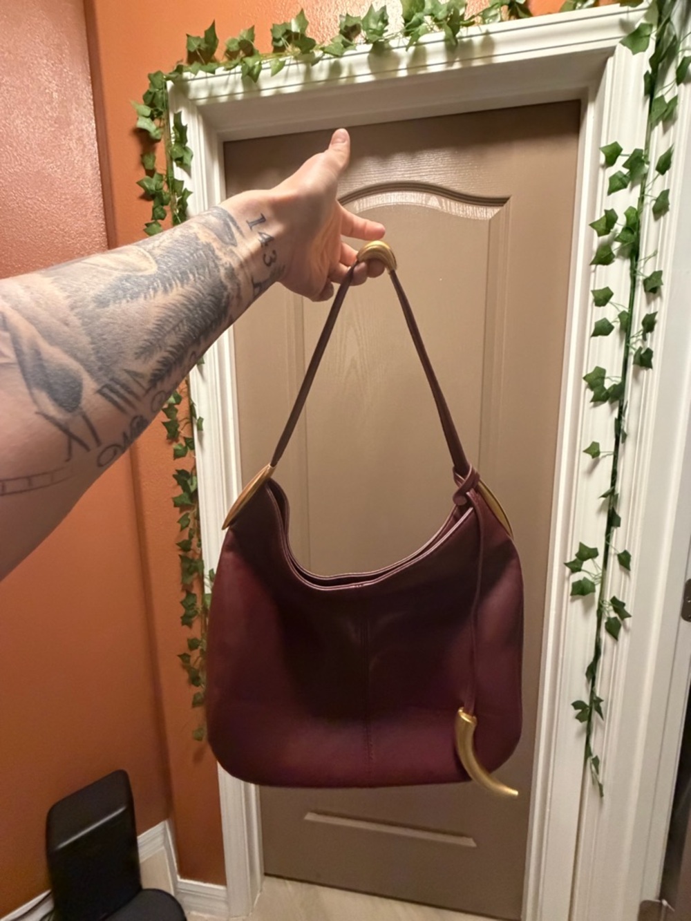 JW PEI Hobo Shoulder Bag in Deep Burgundy with Gold Accents - Picture 5 of 8